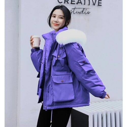 Womens Parkas Short Style Hooded Loose Winter Jacket Women Plus Size Thick Fur Collar With Big Pockets Solid Casual Coat Ladies