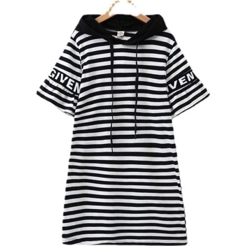 Girls Dresses 2021 New Summer Teenagers Fashion Striped Dress Straight Hooded Mid-Sleeve Dress Child Casual Childrens Clothes
