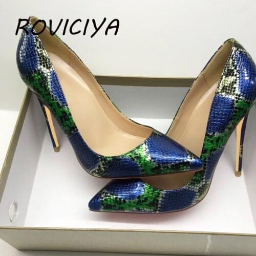 Snake pattern blue green spring women pumps 12cm high-heeled pumps sexy ladies shallow party thin heels shoes QP085 ROVICIYA