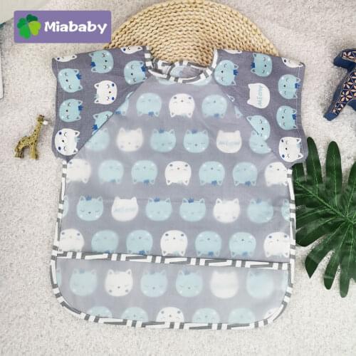 Waterproof Baby Kids Bibs Toddler Printed Infant Feeding Bibs Short Sleeve Apron With Hook&Loop Back Closure