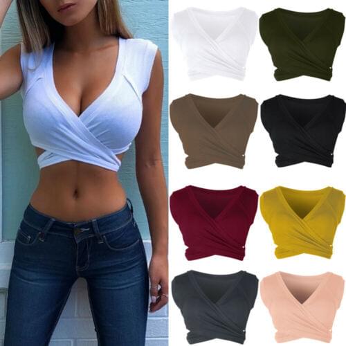 Women V neck Sleeveless Tank Top Ladies Bandage Vest Crop Tops Summer Casual Female Short Tanks Woman Clothes Solid Color S-XXL