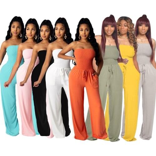 Women Fashion Long Jumpsuit Slash Neck Strapless Slim Sheath Solid Color Lacing Wide Leg Pants Sleeveless Office Lady Summer New