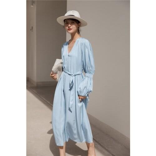 Blue Vintage Puff Sleeve Dress Women Sexy V-neck Split Lace-up Loose Spring Long Dress 2021