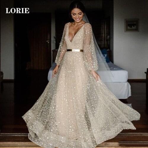 LORIE Glitter Lace Wedding Dress A Line V Neck Boho Bride Dress Puff Sleeve Wedding Gowns Vestidos de novia Backless