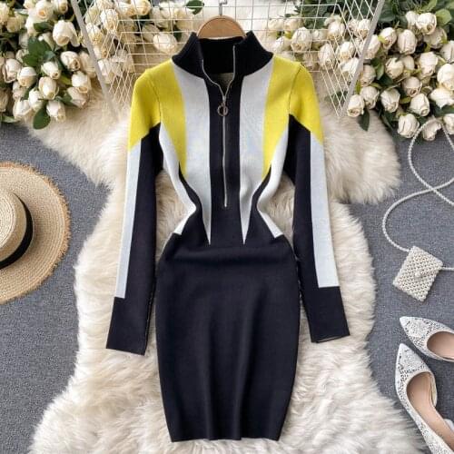 2021 Sexy Zipper Long Sleeve Knit Sweater Dress Women Casual Hit Color Block Slim Bodycon Party Club Mini Dress
