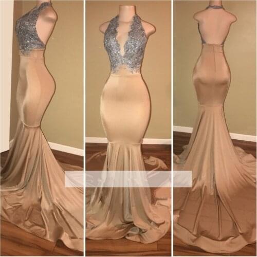 Champagne Prom Dresses Mermaid Halter Appliques Lace Backless Party Maxys Long Prom Gown Evening Dresses Robe De Soiree