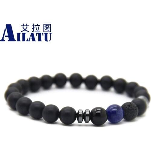 Ailatu Brand Healing Balance Lava Stone Beads Jewelry 8mm Matte Glass Beads with Tiger Eye and Blue Veins Stone Lucky Bracelet
