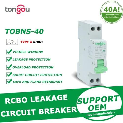 Type A 6KA 18mm RCBO 40A 10mA 30mA Residual Current Circuit Breaker with Over Current and Leakage Protection Differential TOBNS