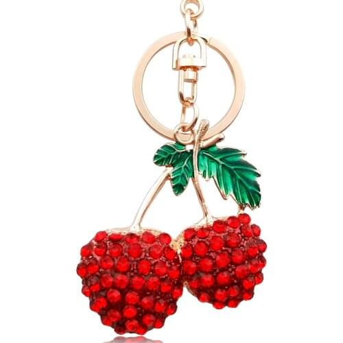 5.5*5CM Charm Crystal Cherry Keychains Women Handbag Jewelry Accessories Keys Holder Cute Rhinestone Fruit Pendant Car Key Ring