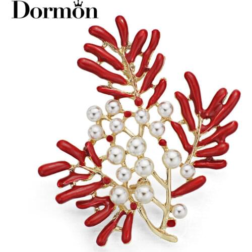 DORMON Red Glaze Lovely Coral shape Brooch Imitation Pearl Brooches For Women Collar Clip Wedding Accessories DZ025