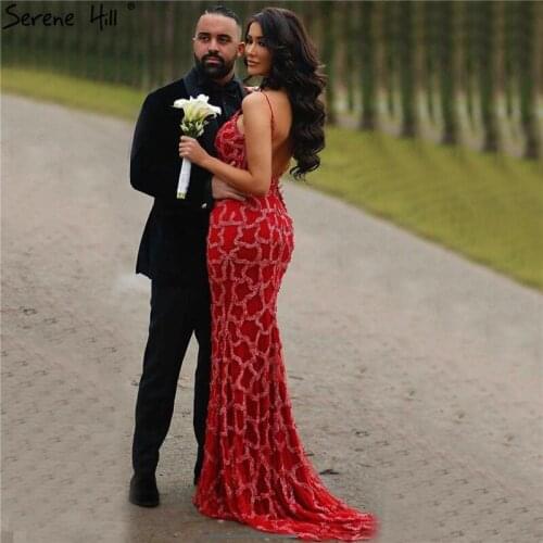 Dubai Red Beading Sleeveless Evening Dresses 2020 Sweetheart Sexy Mermaid Evening Gowns Design Serene Hill LA70210