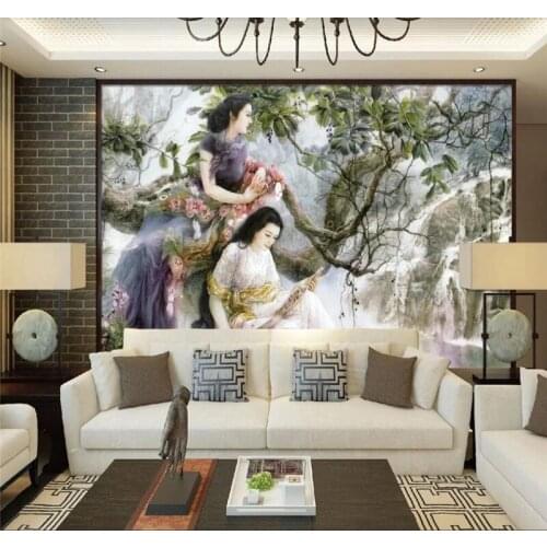 Customized 3d wallpaper hand-painted beauty Chinese TV sofa wall decoration painting silk waterproof material