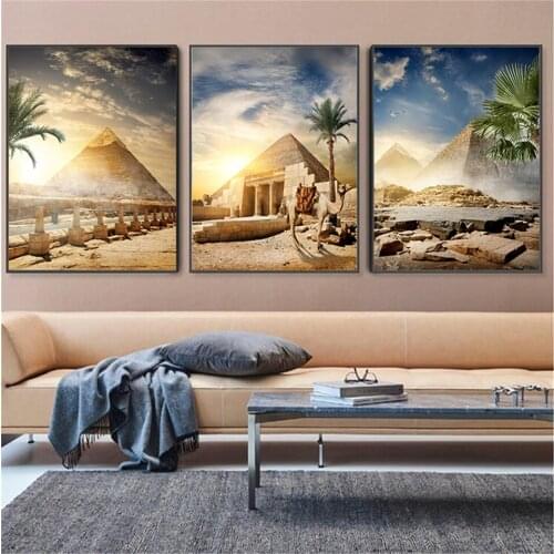Canvas Painting Pyramid Egypt Desert Oasis Sunset Landscape Posters And Prints Decorative Wall Pictures For Living Room Decor