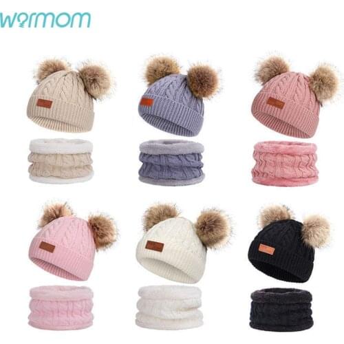 Warmom Kids Winter Hat and Scarf Gloves Set Beanie Cap Childrens Hats Girls Caps Fake Ball Pompon Keep Warm Kids Bone