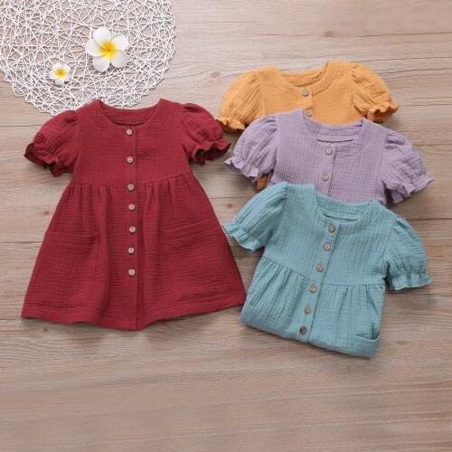Baby Girls Summer Princess Dress Short Puff Sleeve Solid Color Button Sundress Cotton Linen Casual Kids Clothes Customes