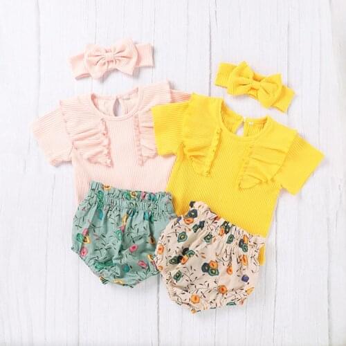 Cute Newborn Baby Girl Summer Clothes 3pcs Cotton Short Sleeve Tops+Floral Shorts+Headband Outfits 0-24M New