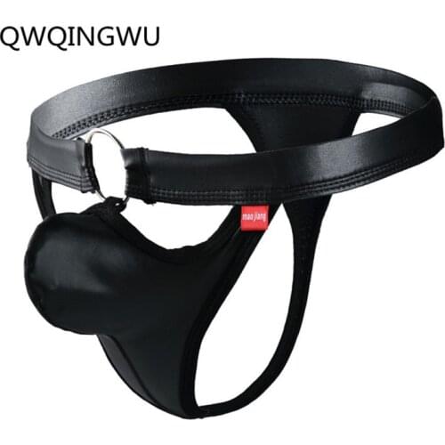 Sexy Gay Underwear Men Briefs Thong Shorts Faux Leather T-panties Man Low-rise U Convex pouch Underpants Cueca Briefs Thongs