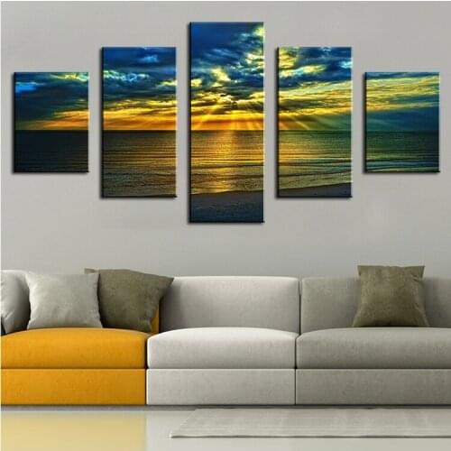 Five-Piece Set of Hd Printing Canvas Painting Blue Sky Sunset Mural Landscape Art Poster Home Decoration Living Room Frameless