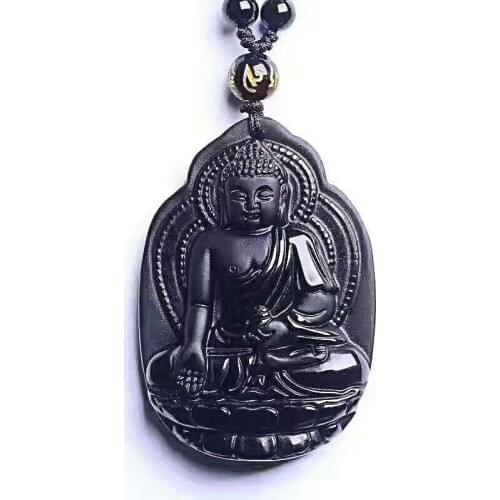 Natural Black Obsidian Sakyamuni Pendant Buddha Jewelry With Chain Drop ship