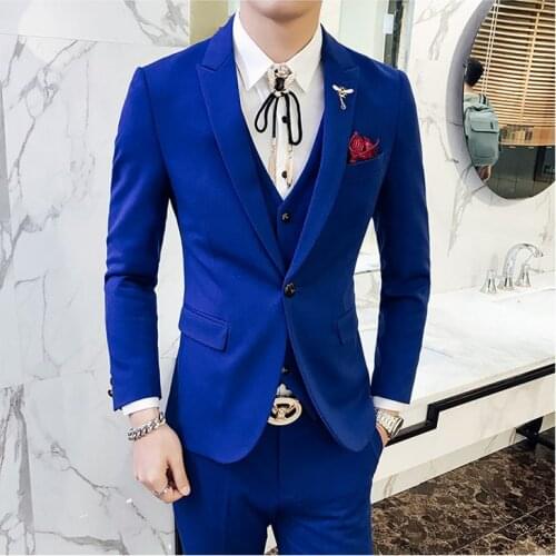 New Arrival One Button Royal Blue Groom Tuxedos Groomsmen Peak Lapel Mens Suits Blazers (Jacket+Pants+Vest+Tie) W:1018