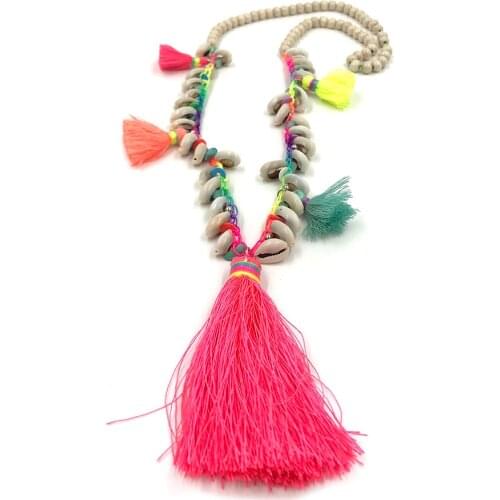 New Tassel pendants Necklace Wood Bead colorful Stone Pendant long Necklace Bohemian Jewelry