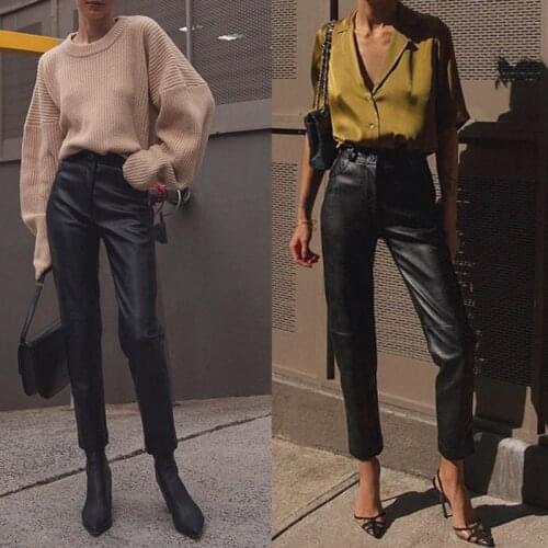 Womens Faux Leather Pants Classic Casual Black Pu Leather Motor Trousers High Waisted Tights