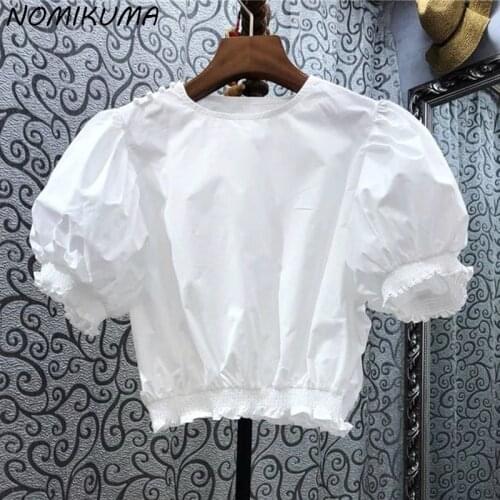 Nomikuma Puff Sleeve Solid Women Tops 2021 Summer Causal O-neck Blouse Shirt Korean Slim Waist Short Blusas De Mujer 6K471
