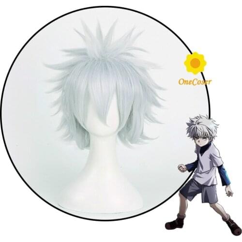 Anime Hunter x Hunter Killua Zoldyck Cosplay Short Silver Wig Heat-resistant Fiber Hair + Wig Cap Halloween Party Men Women