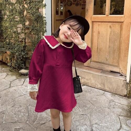 DFXD England Style Toddler Girl Dress New Design Autumn Solid Lace Patchwork Elegant Party Dress Children Clothing For 2-8Year