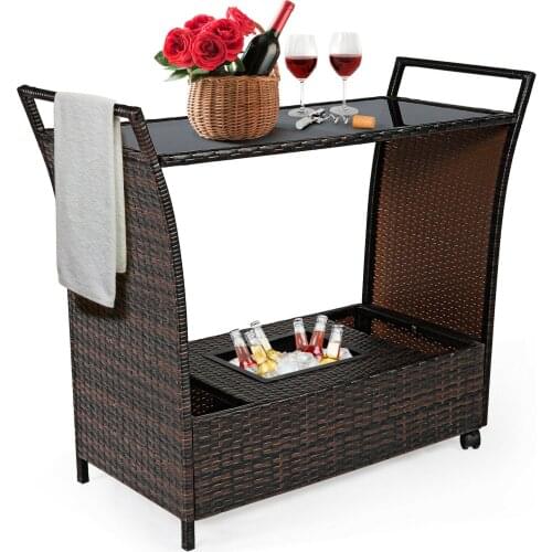 Patiojoy Patio Rattan Bar Serving Cart Wheels Ice Bucket Glass Top Handle Garden HW67182