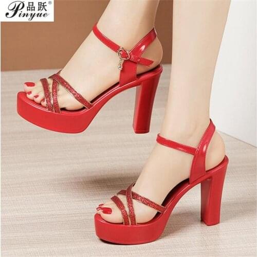 Heel Platform Sandals Rhinestone Summer Shoes Woman 2021 Sexy High Heels Sandals Thick Bottom Small Big Size 32-43 10cm 13cm