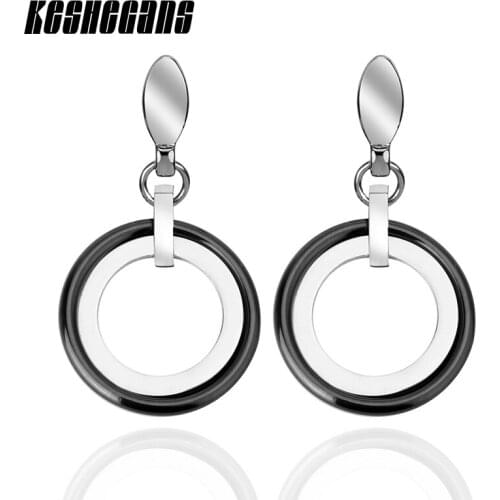 Double Circle 20mm Smooth Circle Drop Earrings Ceramic Stainless Steel Black White Color For Women Fashion Jewelry Loop Earring