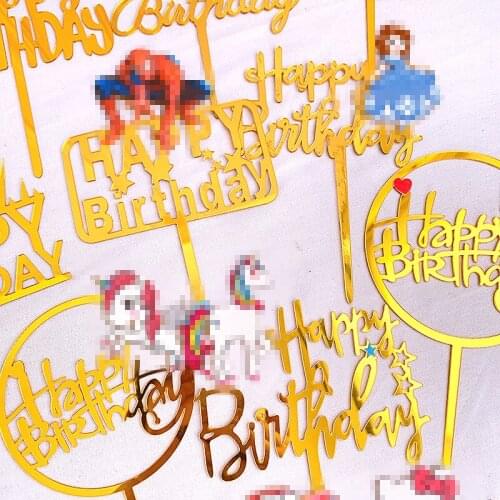 Cartoon Car Happy Birthday Acrylic Cake Toppers Gold Princess Birthday Cupcake Topper for Baby Birthday Party Cake Decorations