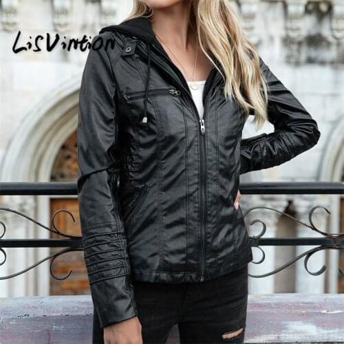 Womens Removable Hooded Faux Leather Plus Size Outerwear Moto Biker Jacket (XS~7XL)