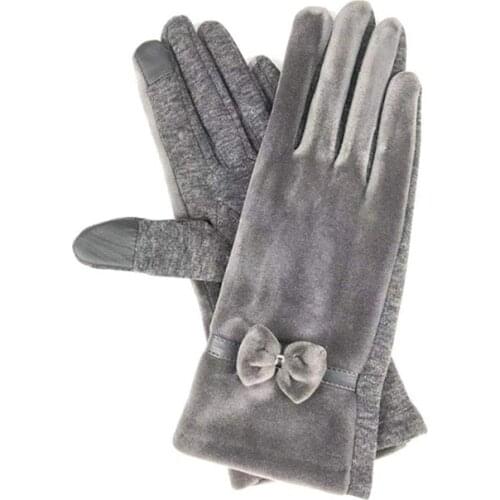 Female Autumn Winter Non-Inverted Velvet Cashmere Full Finger Warm Bow Glove Women Imitation Mink Velvet Touch Screen Mitten F8