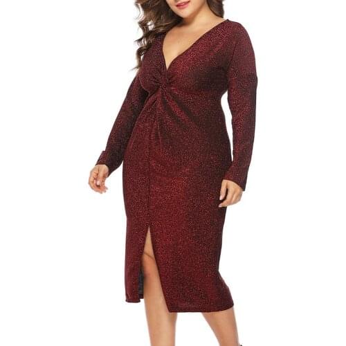 Plus Size Women Sexy Shimmers Pleated V Neck Long Sleeve Split Midi Evening Empire Waist Mid-Calf Sparkly Party Dress Vestido
