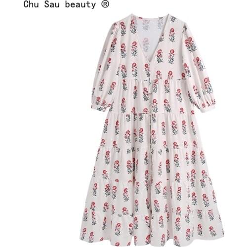 2021 Summer New Prairie Chic V-Neck Floral Print Layered Stitching Long-Sleeve Dress For Women Button Pullover Vestido