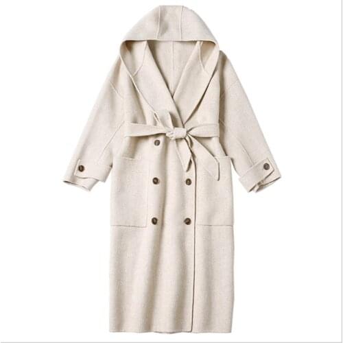 Winter Cashmere hooded Coat Women Casual Loose Handmade jackets Double Faced Wool Jacket Oversize Woolen Coats Clothes overcoat