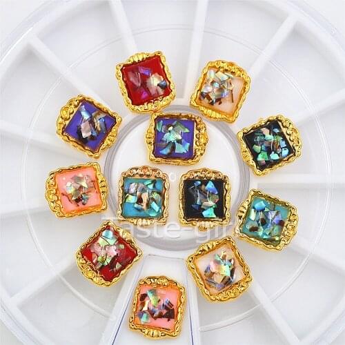 12 pcs Golden edge Glitter square shell rhinestones 3D Nail Decoration Manicure Nail Art Decoration Wheel nails accessoires