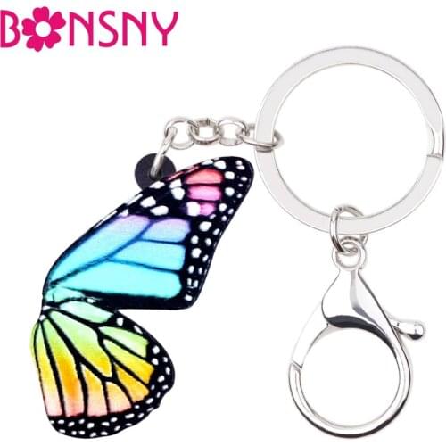 Bonsny Acrylic Half Colorful Wing Butterfly Key Chains Keychains Rings Fashion Insect Jewelry For Women Girls Bag Purse Charms