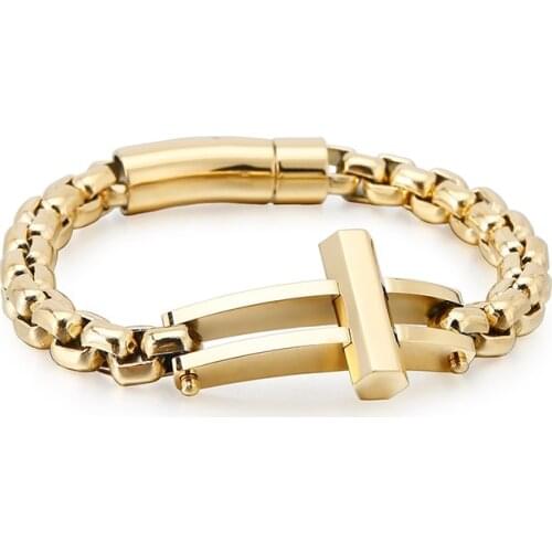 Jewels Store Christian Cross Charm Bracelets For Men 21.5cm Tri-color Stainless Steel Box Chain Bracelet Armband Prayer Jewelry