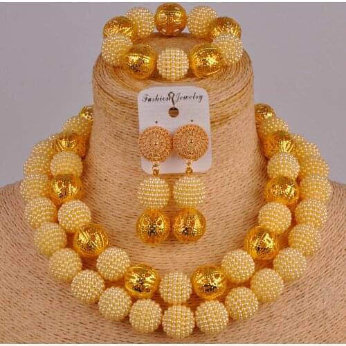 Beige and gold costume necklace african beads jewelry set simulated pearl nigerian wedding jewelry set ZZ17