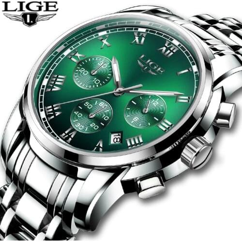 LIGE 2020 New Quartz Watches Men Silver Green Full Steel Waterproof Wristwatch Top Brand Luxury Casual Sport Mens Watch With Box