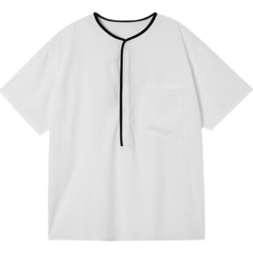 Ins Fashion Hit Color Edging Drop Shoulder Sleeve Round Neck Shirt Mens Short-sleeved Loose Oversize Pullover Shirt