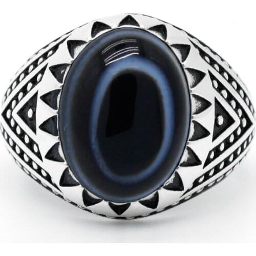 Male Ring 925 Silver Rings Natural Agate Stone Retro Punk Style Turkish Jewelry Lucky Handmade Ring Fine Jewelry Gift