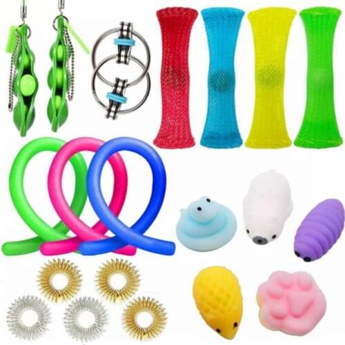 Fidget Toys Set-Liquid Motion Timer Grape Ball Mochi Squishy Stretchy String Flippy Squeeze Bean for Kids ADHD Anti-stress Toys