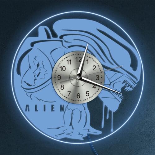 Alien Xenomorph Film Extra-terrestrial Kid Room Night Light Clock Science Fiction Outer Space LED Lighting Home Décor Wall Cock