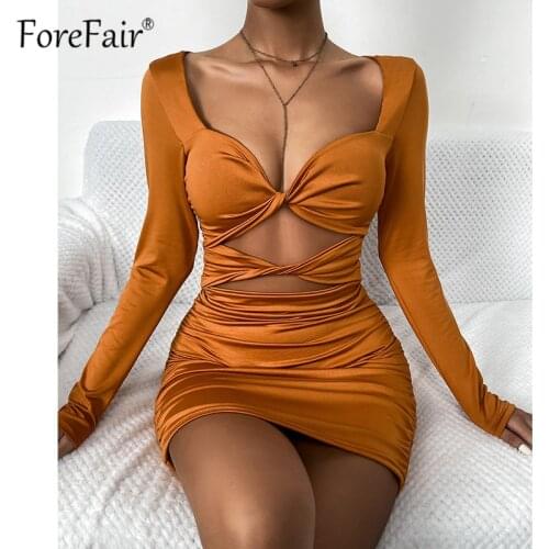 Forefair 2021 Autumn Sexy Bodycon Dress Women Hollow Out Long Sleeve Deep V Neck Ruched Black Fashion Party Mini Dresses