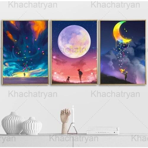 Animation Sense Poster Home Decoration Release Balloon Wall Picture for Living Room Boy Under The Color Moon Wall Art Print