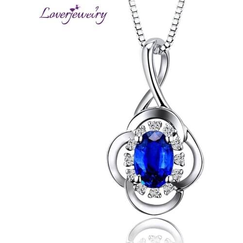 Luxurious Female Jewelry 100% Natural Blue Sapphire Pendant Oval 4x6mm Real 18K White Gold Genuine Diamond For Women Engagement